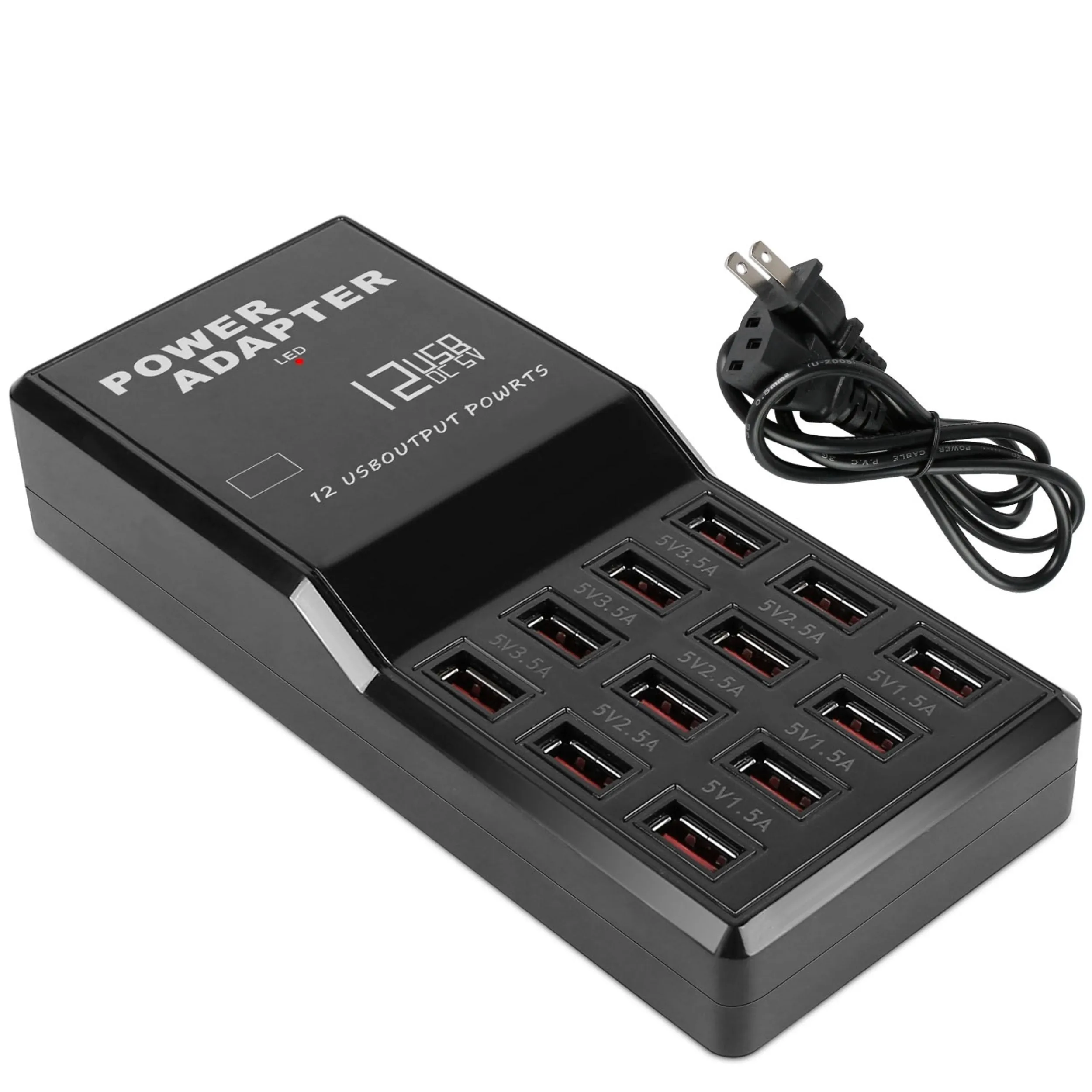 12 Port USB Charging Station Hub - Fast Charge for iPod iPhone - 60W - 3.74ft Power Cord