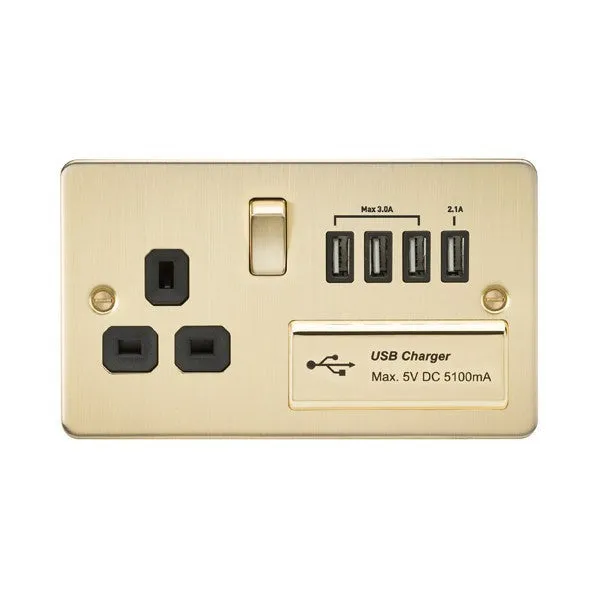 13A 1G Flat Plate Switched Socket and Quad USB Chargers with Black Inserts