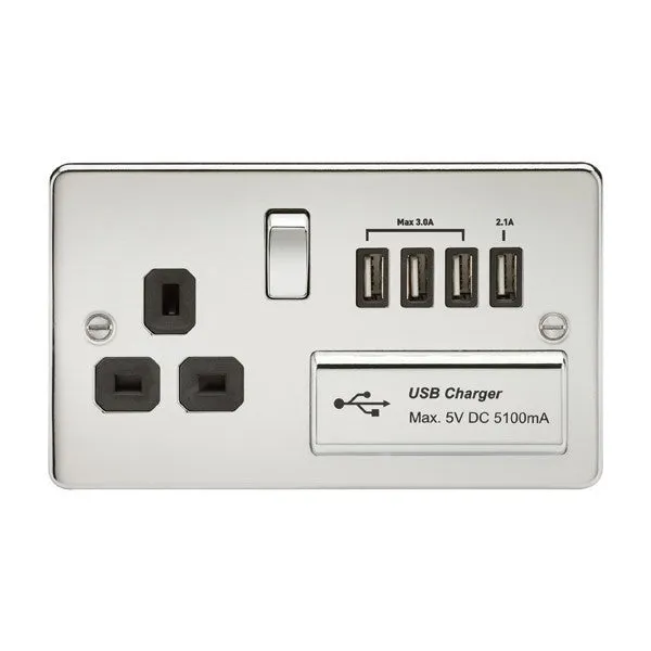 13A 1G Flat Plate Switched Socket and Quad USB Chargers with Black Inserts