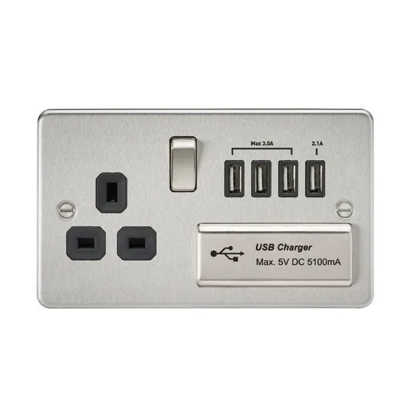 13A 1G Flat Plate Switched Socket and Quad USB Chargers with Black Inserts