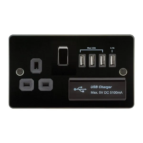 13A 1G Flat Plate Switched Socket and Quad USB Chargers with Black Inserts