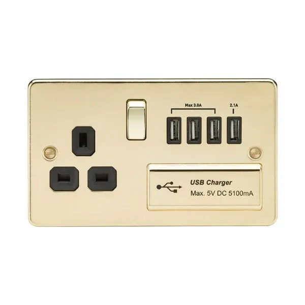 13A 1G Flat Plate Switched Socket and Quad USB Chargers with Black Inserts