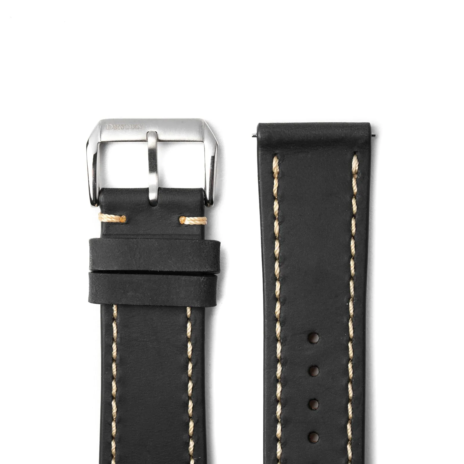 22mm Quick Release Full Stitch Leather Watch Strap - Black