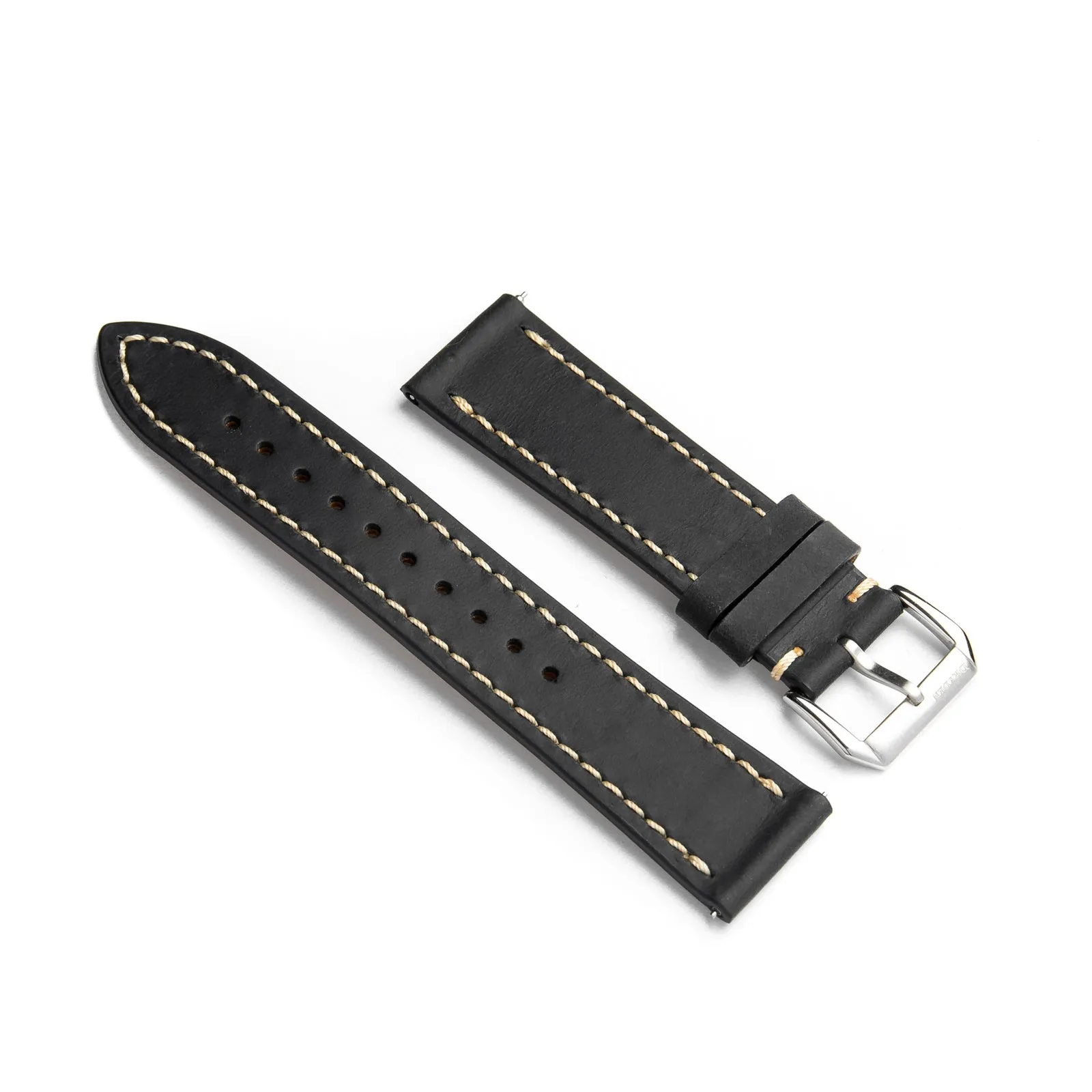 22mm Quick Release Full Stitch Leather Watch Strap - Black