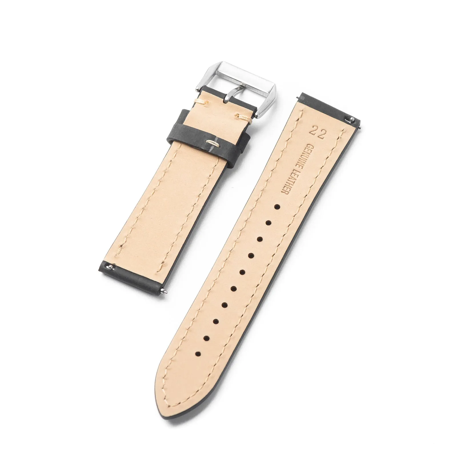 22mm Quick Release Full Stitch Leather Watch Strap - Black