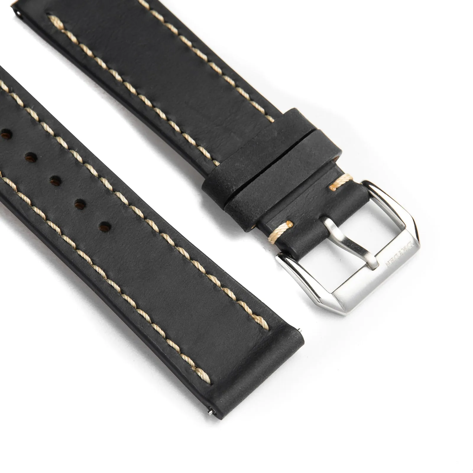 22mm Quick Release Full Stitch Leather Watch Strap - Black