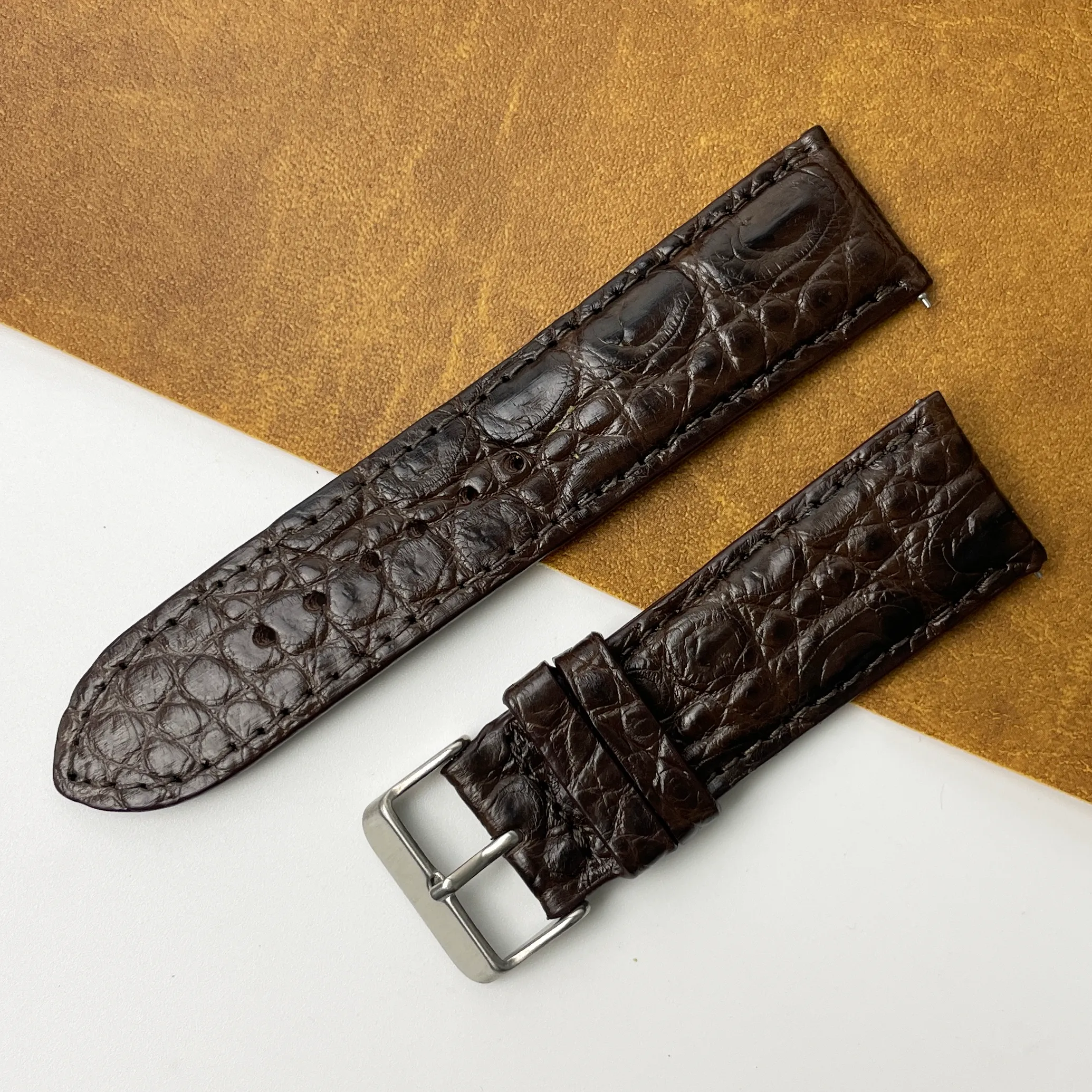 24mm Dark Brown Unique Texture Alligator Leather Watch Band For Men