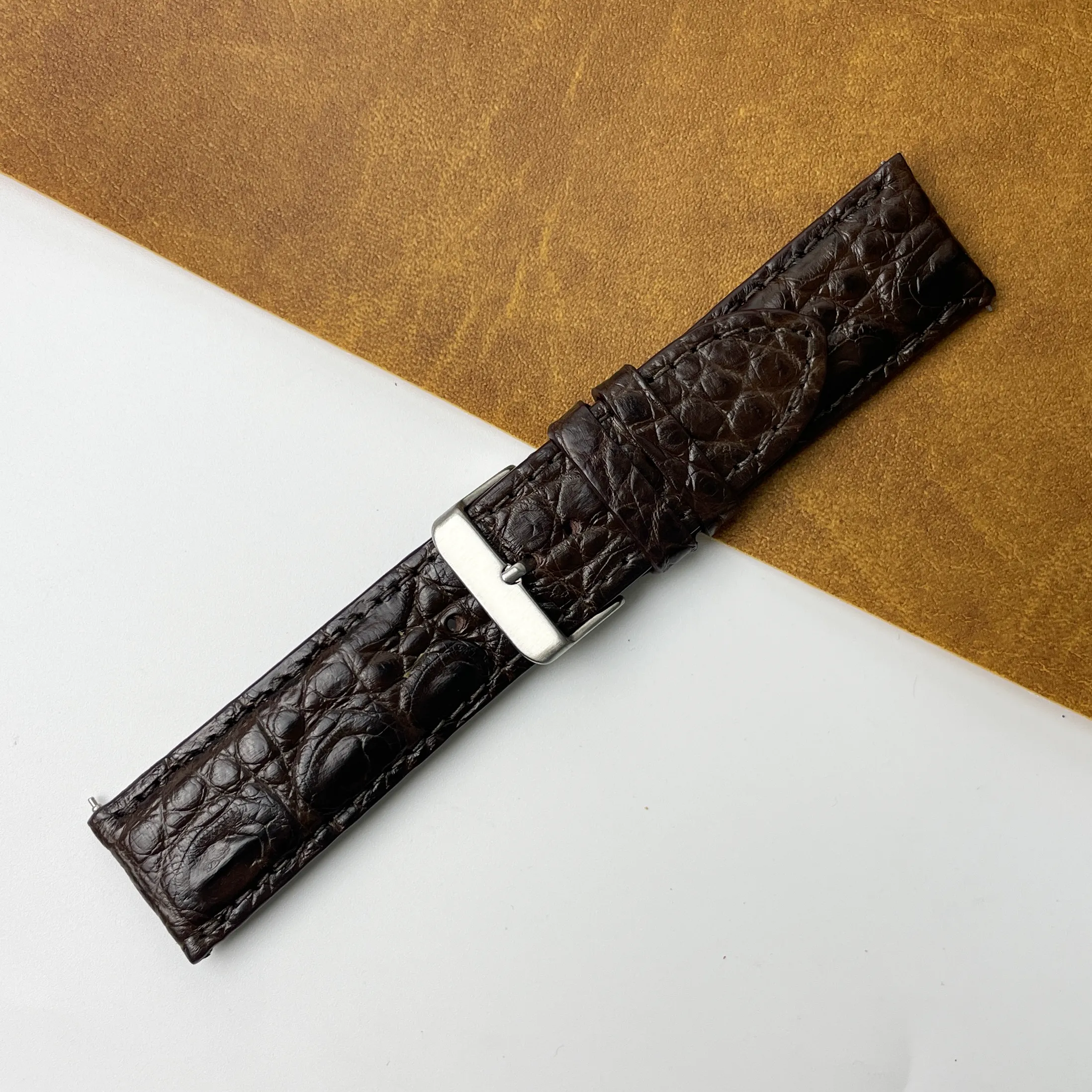 24mm Dark Brown Unique Texture Alligator Leather Watch Band For Men