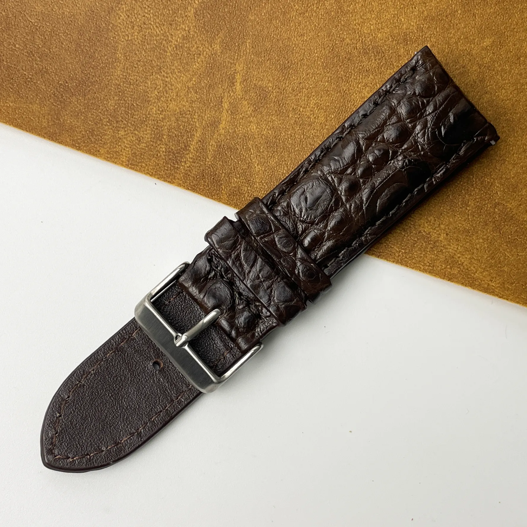 24mm Dark Brown Unique Texture Alligator Leather Watch Band For Men