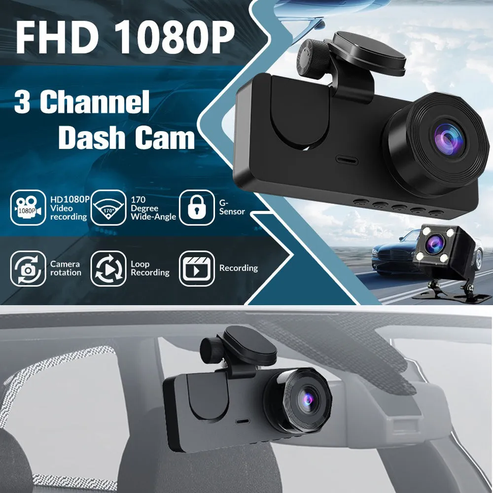 3 Channel Car DVR HD 1080P Vehicle Dash Cam Three Way Camera DVRs Recorder with 32 GB Card