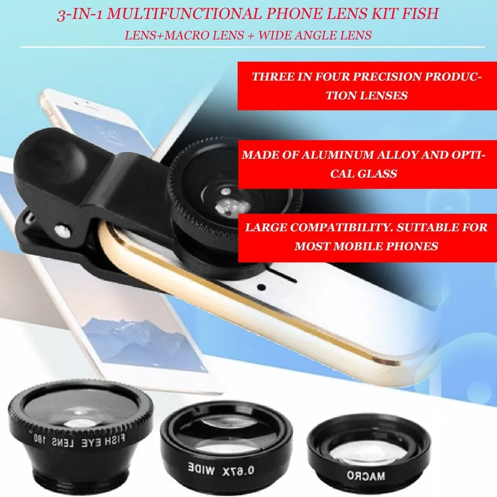 3-in-1 Wide Angle Macro Fisheye Lens Camera Kits Mobile Phone Fish Eye Lenses with Clip 0.67x for iPhone Samsung All Cell Phones