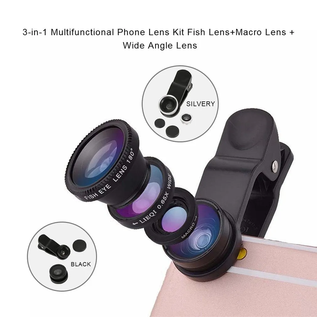 3-in-1 Wide Angle Macro Fisheye Lens Camera Kits Mobile Phone Fish Eye Lenses with Clip 0.67x for iPhone Samsung All Cell Phones