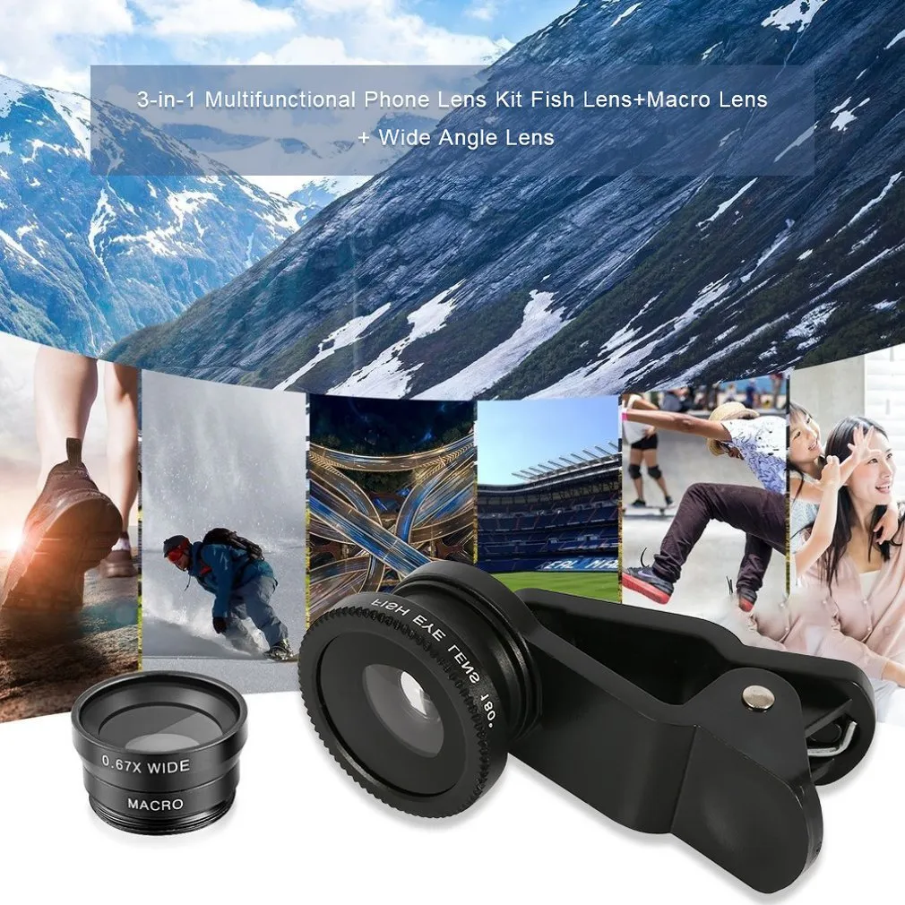 3-in-1 Wide Angle Macro Fisheye Lens Camera Kits Mobile Phone Fish Eye Lenses with Clip 0.67x for iPhone Samsung All Cell Phones