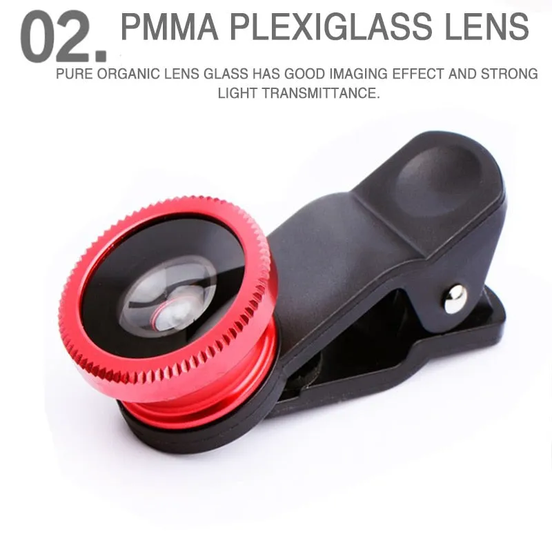 3in1 Fisheye Wide Angle Micro Camera Lens for iPhone Xiaomi Redmi 3IN1 Zoom Fish Eye Len on Smartphone Lenses with Phone Clip