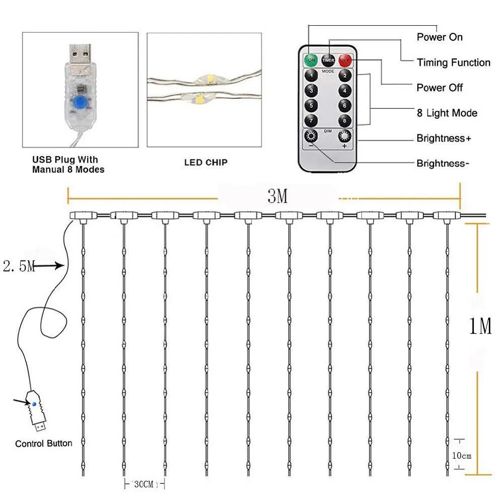 3Mx1M LED Curtain String Lights Remote Control 8 Modes Decorative Fairy Light for Christmas Party