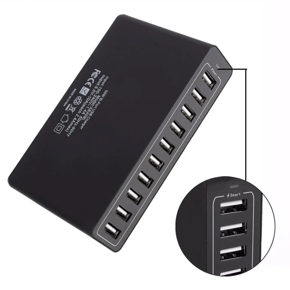 60W 10 USB Port Desktop Travel Family Wall Plug Charger