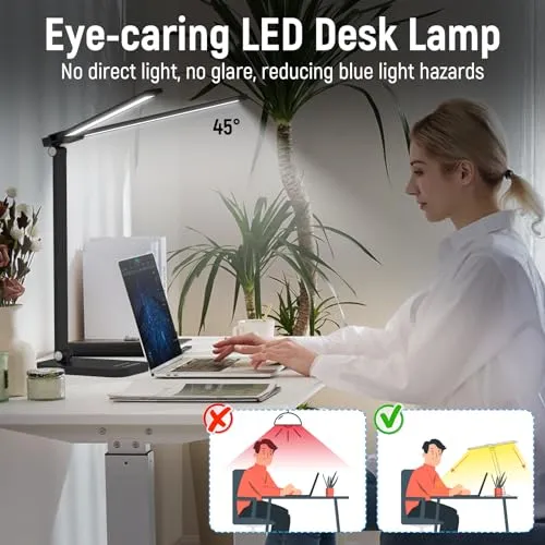 Adjustable Foldable Desk Lamp for Home Office - Double Swing Arm Bright LED Desk Light, Eye-Caring Architect Task Lamp, Touch Control Desktop Lamp Dimmable Table Desk Light for Work/Study/Craft