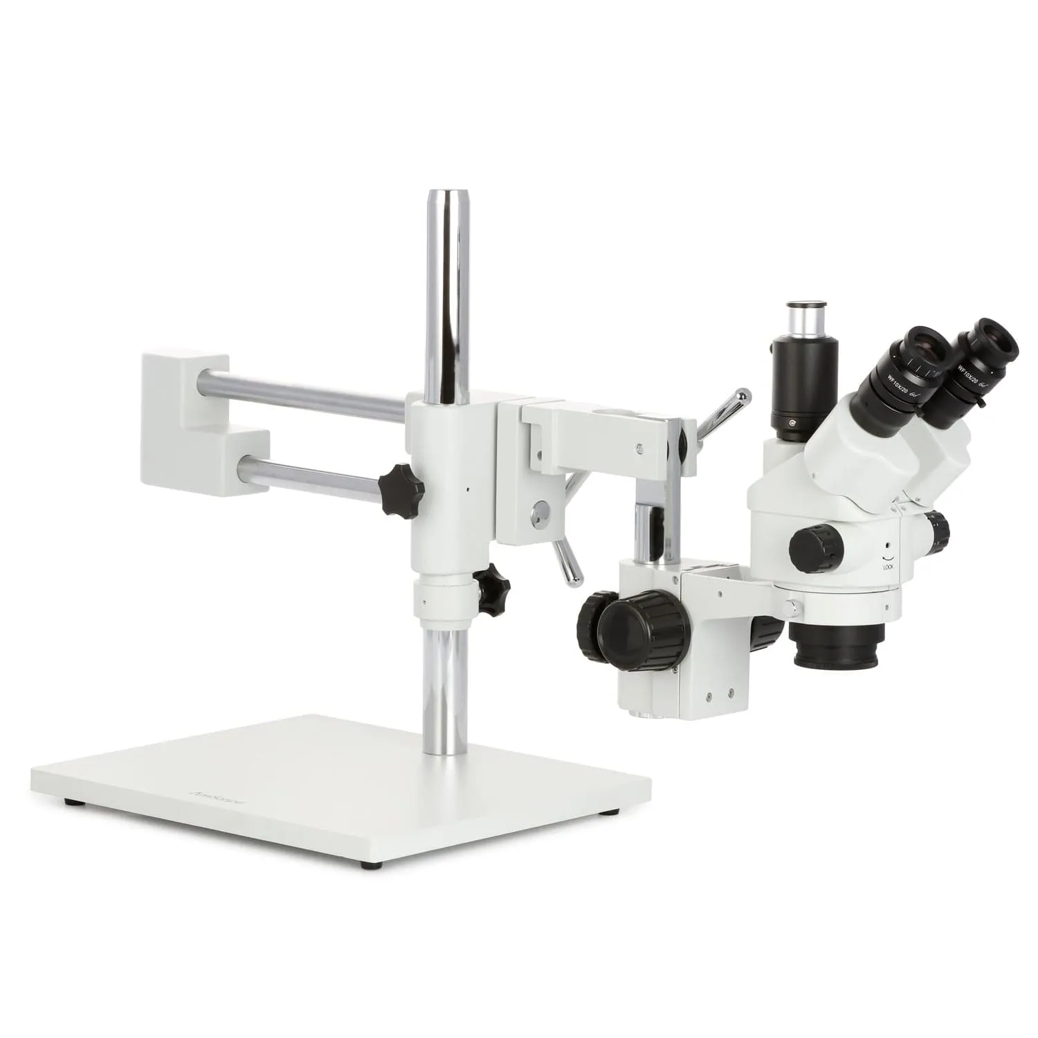 AmScope SM-4 Series Simul-Focal Lockable Zoom Trinocular Stereo Microscope 3.5X-90X Magnification with 144 LED Ring Light on Double Arm Boom Stand