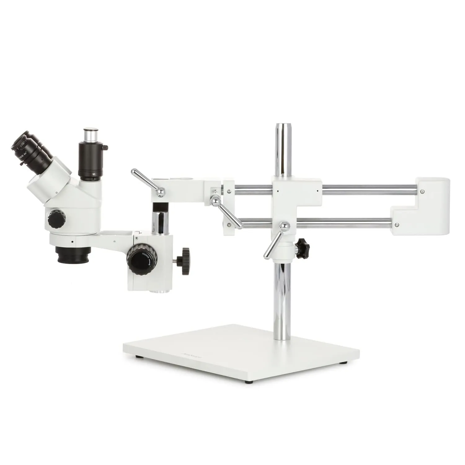 AmScope SM-4 Series Simul-Focal Lockable Zoom Trinocular Stereo Microscope 3.5X-90X Magnification with 144 LED Ring Light on Double Arm Boom Stand