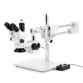 AmScope SM-4 Series Simul-Focal Lockable Zoom Trinocular Stereo Microscope 3.5X-90X Magnification with 144 LED Ring Light on Double Arm Boom Stand