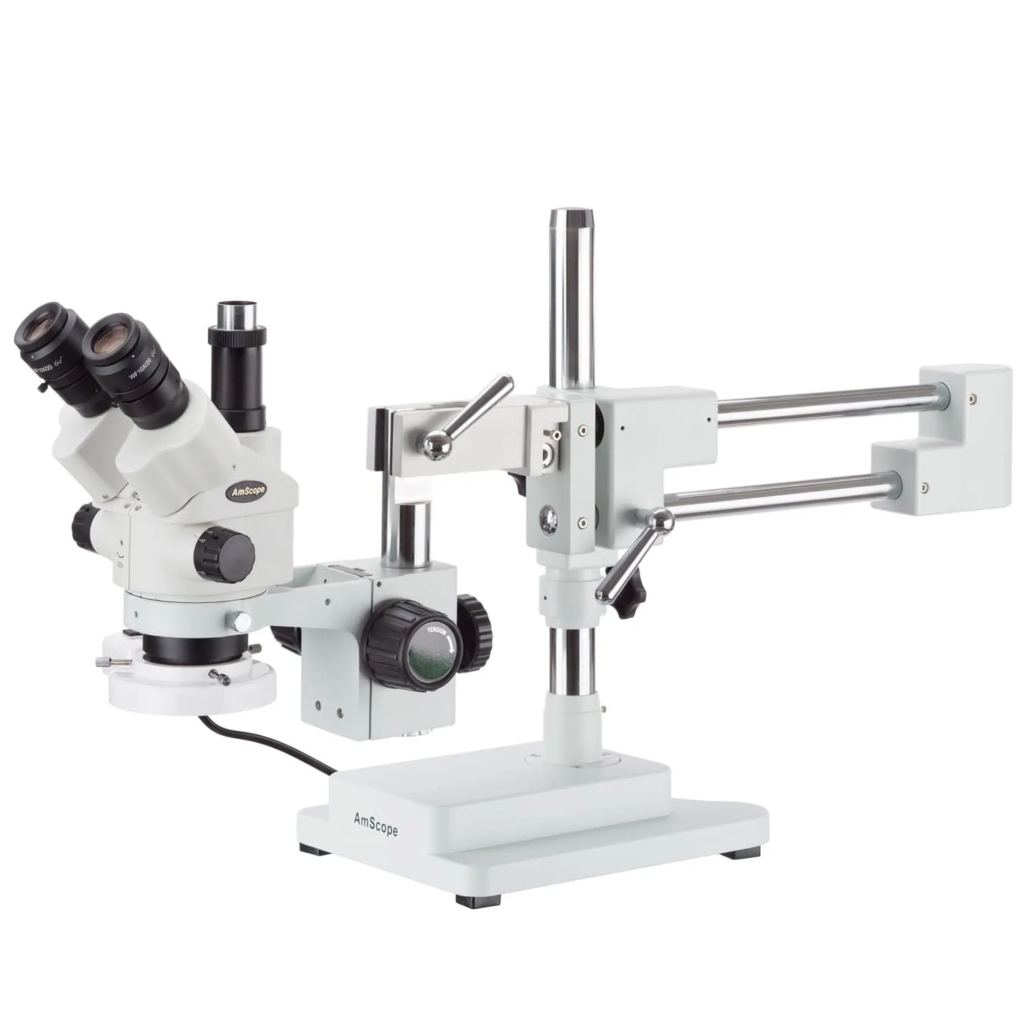 AmScope SM-4 Series Simul-Focal Lockable Zoom Trinocular Stereo Microscope 3.5X-90X Magnification with 8W Fluorescent Ring Light on Double Arm Boom Stand