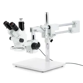 AmScope SM-4 Series Simul-Focal Lockable Zoom Trinocular Stereo Microscope 3.5X-90X Magnification with 8W Fluorescent Ring Light on Double Arm Boom Stand