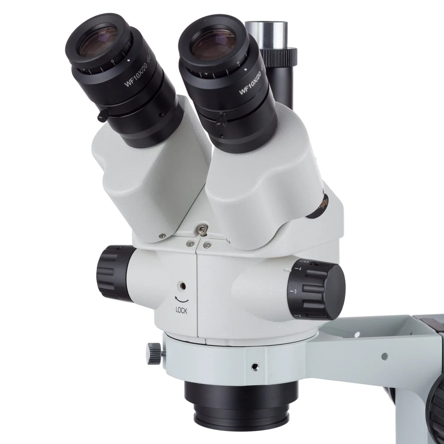 AmScope SM-4 Series Simul-Focal Lockable Zoom Trinocular Stereo Microscope 3.5X-90X Magnification with 8W Fluorescent Ring Light on Double Arm Boom Stand