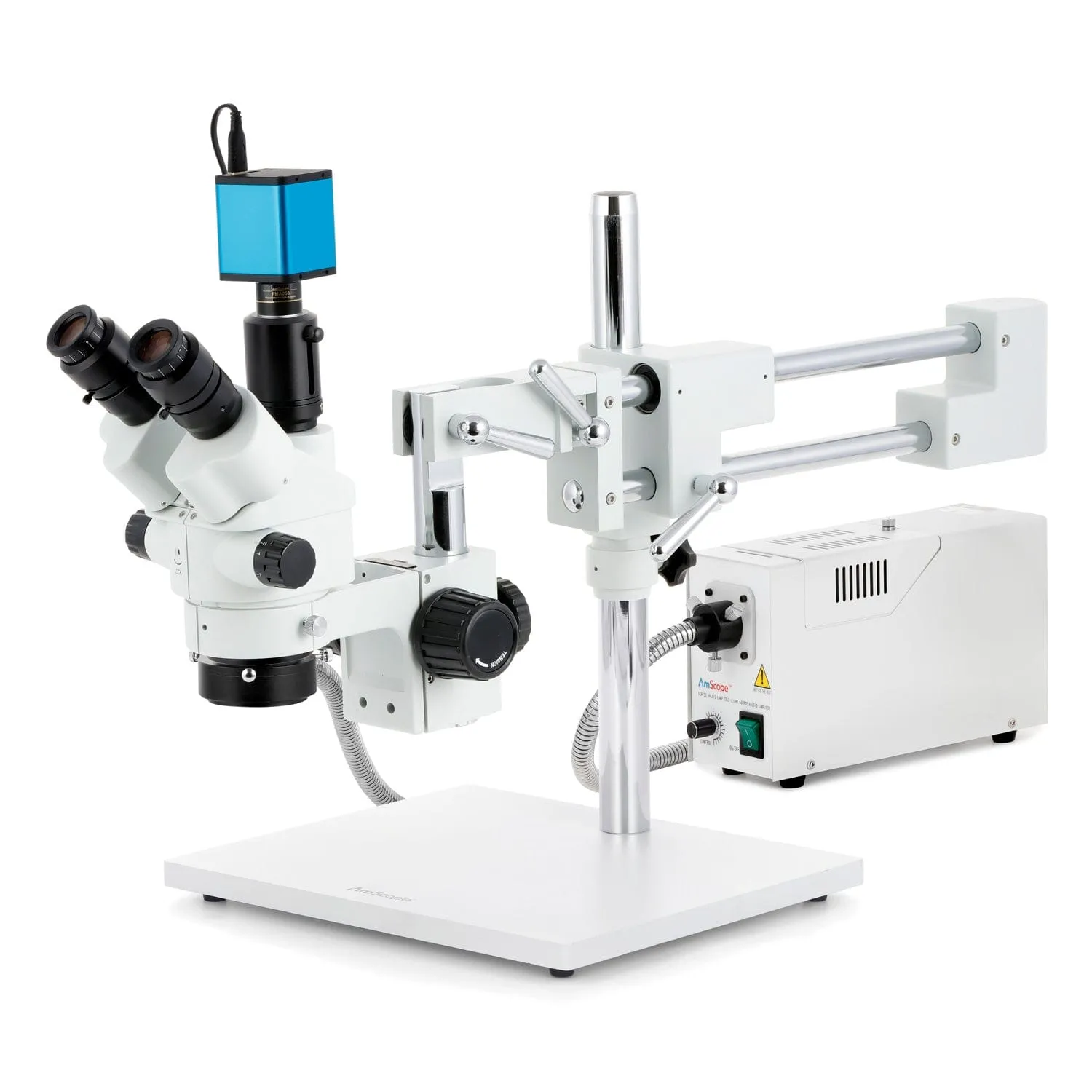 AmScope SM-4 Series Simul-Focal Lockable Zoom Trinocular Stereo Microscope with 150W Halogen Ring Light and Auto Focus Camera on Double Arm Boom Stand