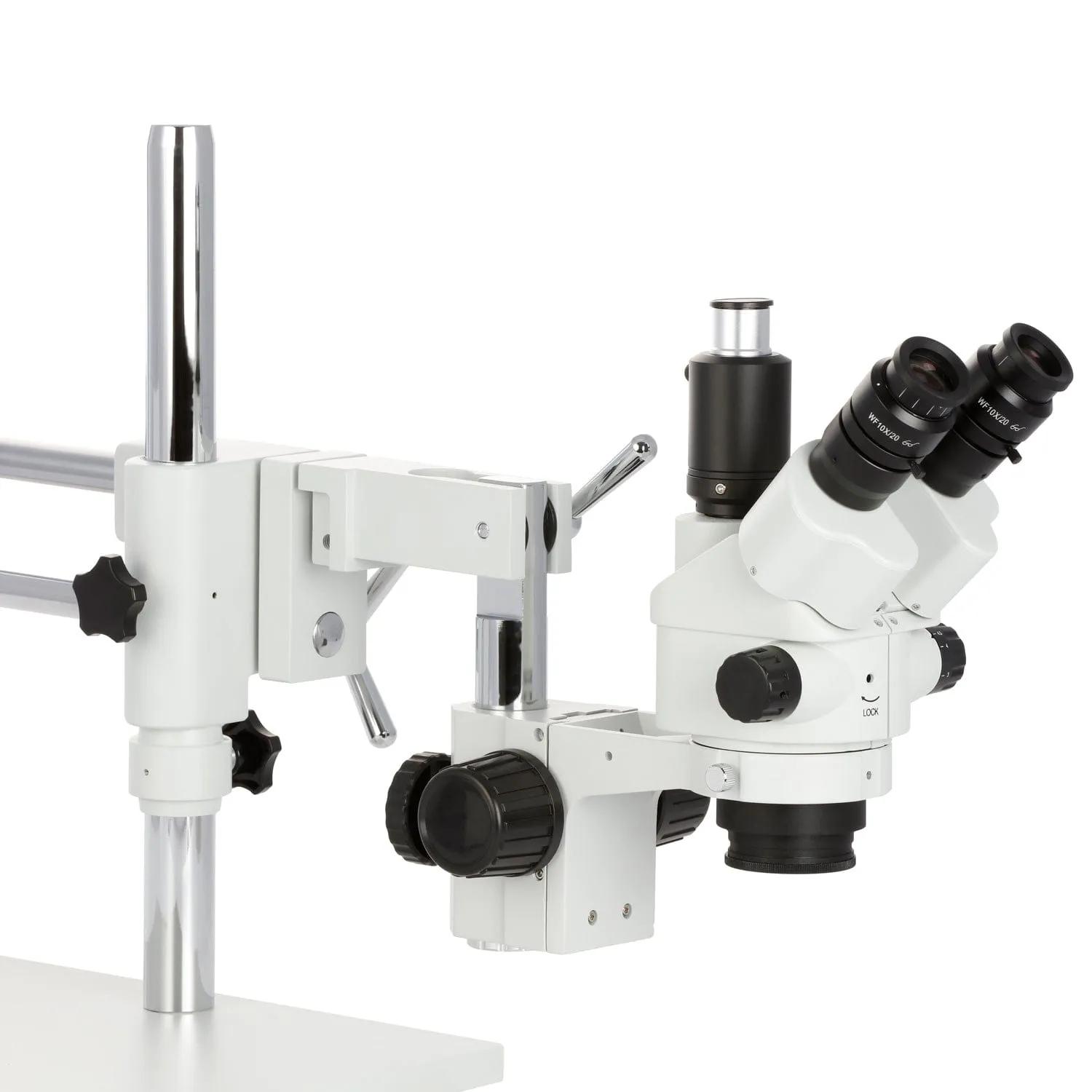 AmScope SM-4 Series Simul-Focal Lockable Zoom Trinocular Stereo Microscope with 150W Halogen Ring Light and Auto Focus Camera on Double Arm Boom Stand