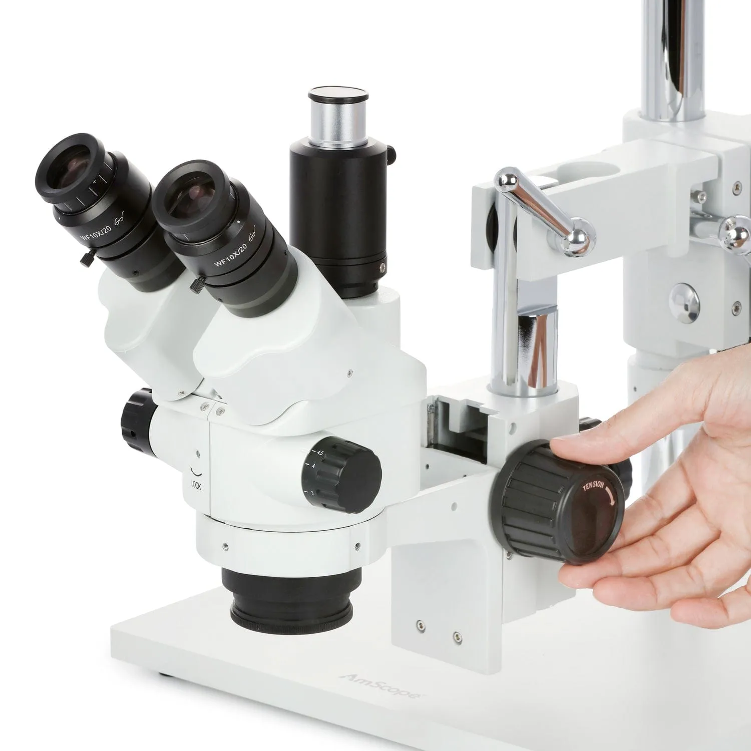 AmScope SM-4 Series Simul-Focal Lockable Zoom Trinocular Stereo Microscope with 150W Halogen Ring Light and Auto Focus Camera on Double Arm Boom Stand