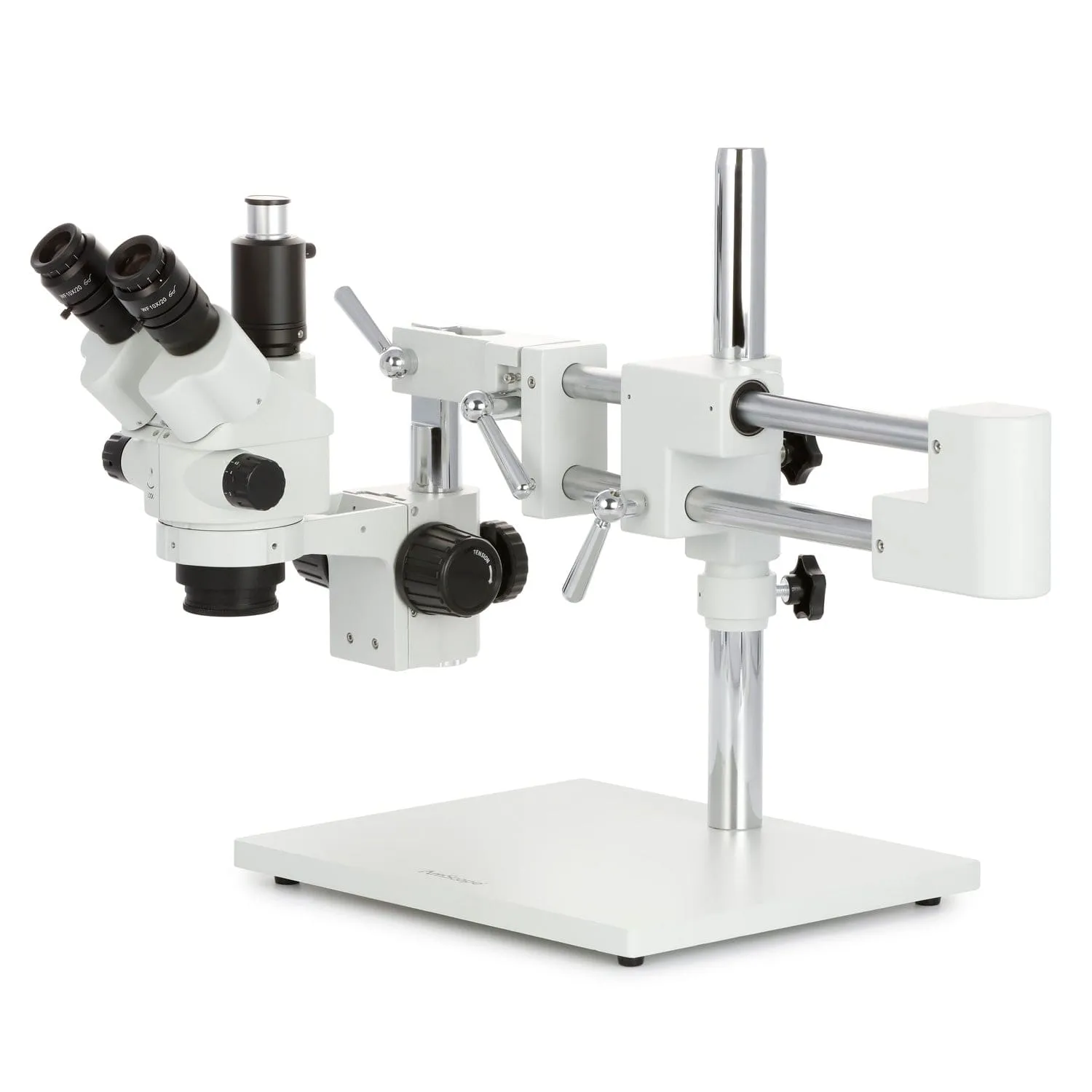 AmScope SM-4 Series Simul-Focal Lockable Zoom Trinocular Stereo Microscope with 150W Halogen Ring Light and Auto Focus Camera on Double Arm Boom Stand