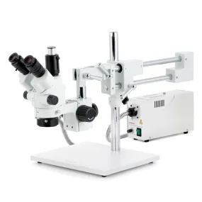 AmScope SM-4 Series Simul-Focal Lockable Zoom Trinocular Stereo Microscope with 150W Halogen Ring Light and Auto Focus Camera on Double Arm Boom Stand