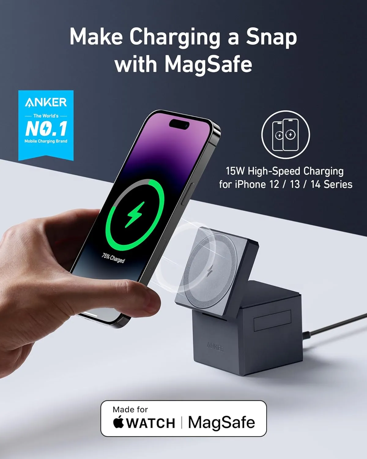 Anker 3in1 Cube Charger for Apple Devices, with Wall Charger 30W, iPhone, Watch and AirPods Wireless Charger