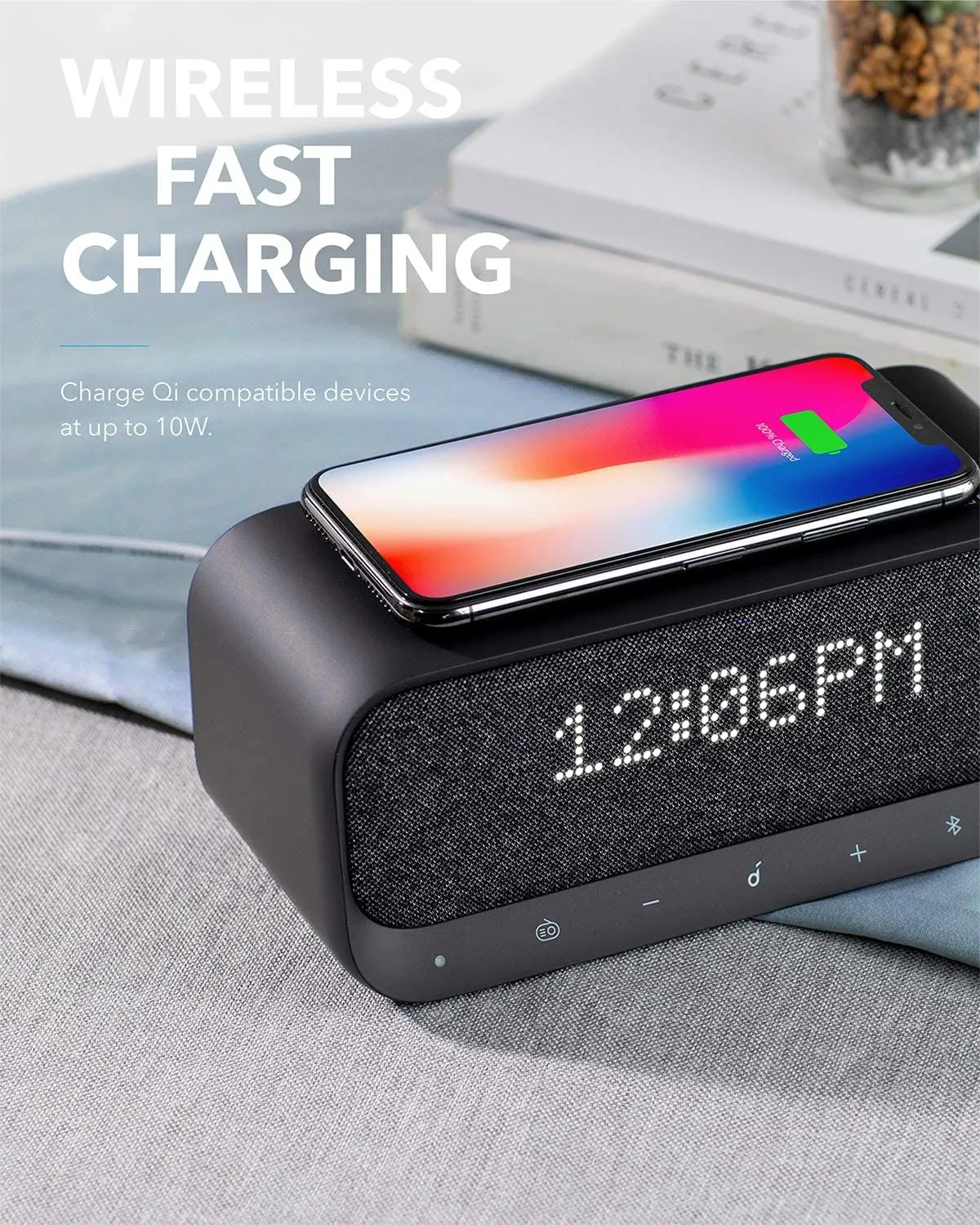 Anker Soundcore Wakey Bluetooth Speakers with Alarm Clock, Stereo Sound, FM Radio, White Noise, Qi Wireless Charger (Black)