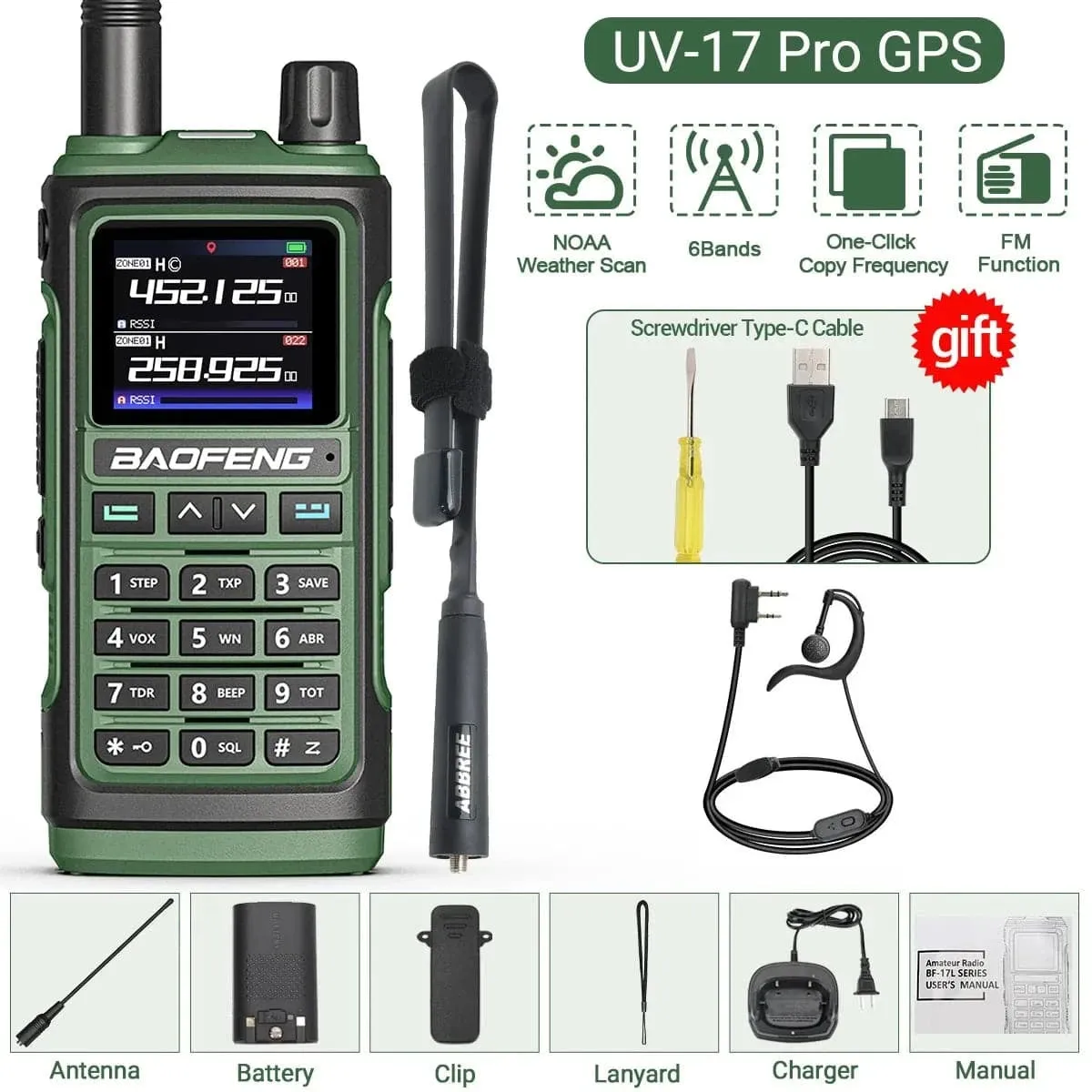 Baofeng UV-17 PRO GPS Air Band Walkie Talkie 999CH Wireless Copy Frequency Type-C Charger NOAA AM FM Protable Ham Two Way Radio