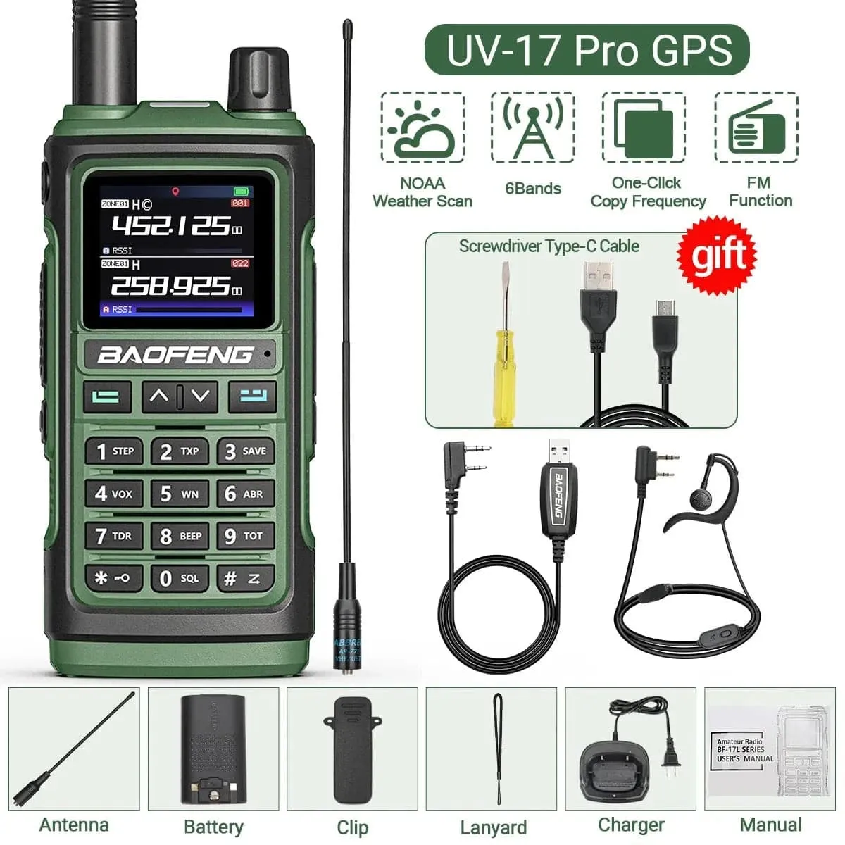 Baofeng UV-17 PRO GPS Air Band Walkie Talkie 999CH Wireless Copy Frequency Type-C Charger NOAA AM FM Protable Ham Two Way Radio