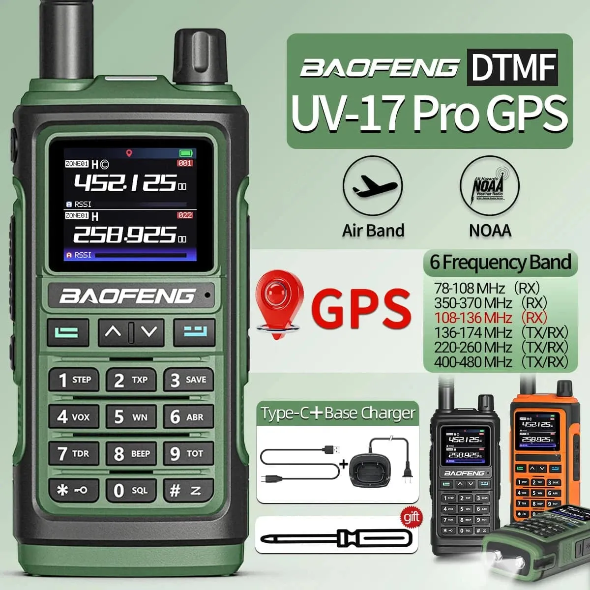 Baofeng UV-17 PRO GPS Air Band Walkie Talkie 999CH Wireless Copy Frequency Type-C Charger NOAA AM FM Protable Ham Two Way Radio