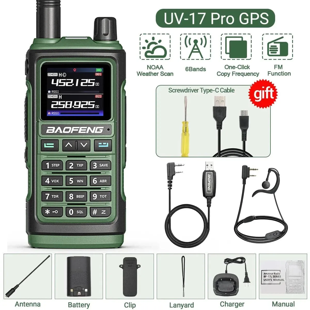 Baofeng UV-17 PRO GPS Air Band Walkie Talkie 999CH Wireless Copy Frequency Type-C Charger NOAA AM FM Protable Ham Two Way Radio