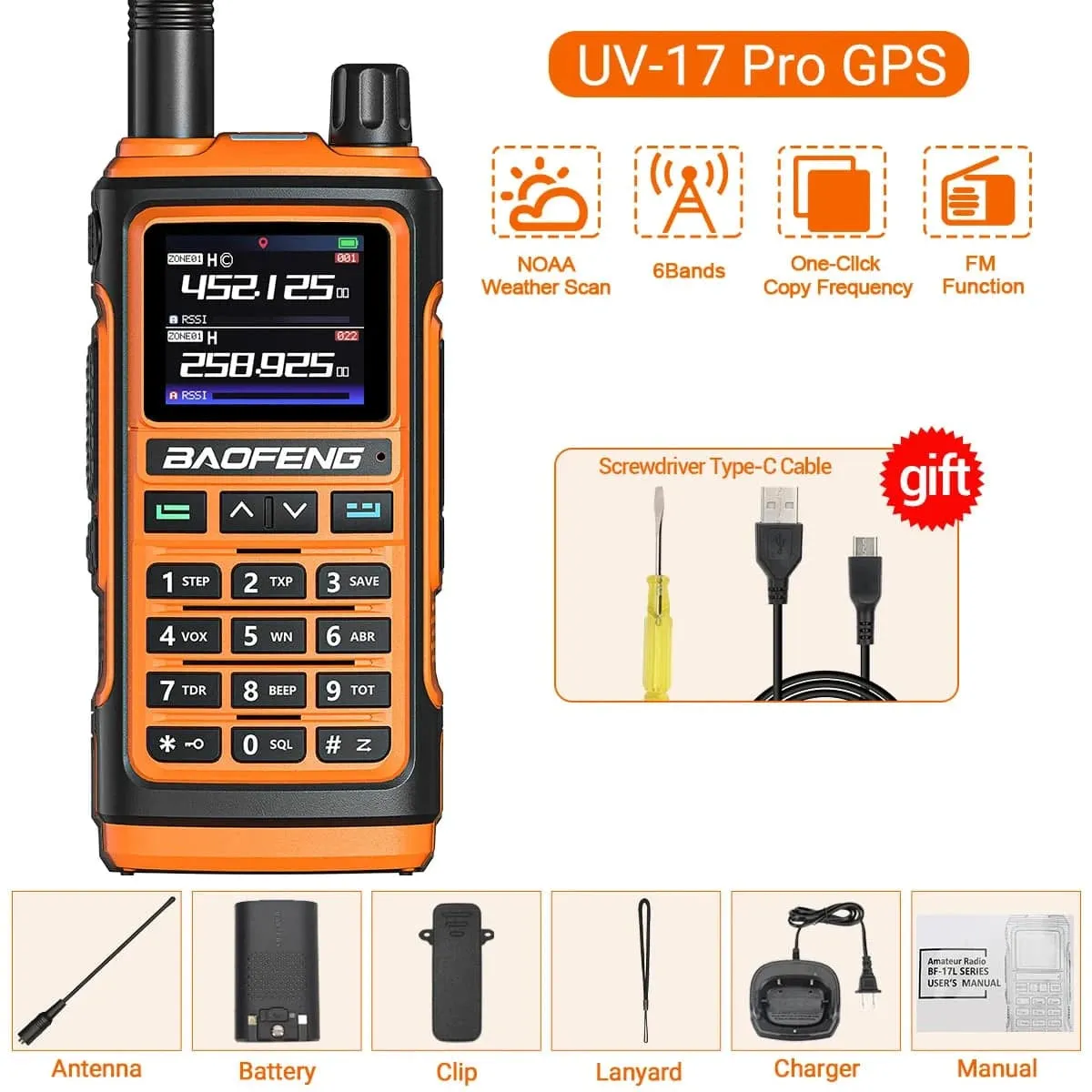 Baofeng UV-17 PRO GPS Air Band Walkie Talkie 999CH Wireless Copy Frequency Type-C Charger NOAA AM FM Protable Ham Two Way Radio