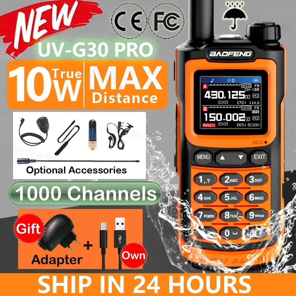 Baofeng UV G30 Pro Portable Walkie Talkie 10W Long Range FM Radio Stopwatch 1000 Channels USB-C Charger Hunting Ham 2-Way Radios