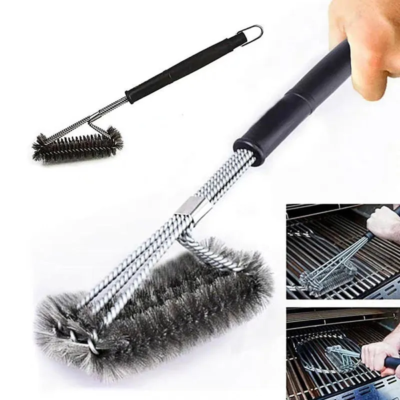 BBQ Grill Stainless Steel Cleaning Brush Three Head Bristles