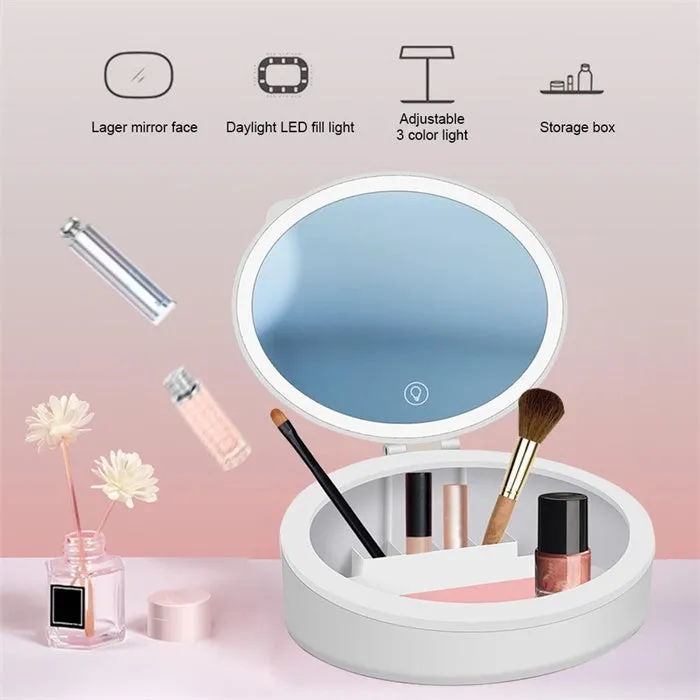 Beauty Makeup Mirror with LED Foldable Compact Storage Box 2-In-1