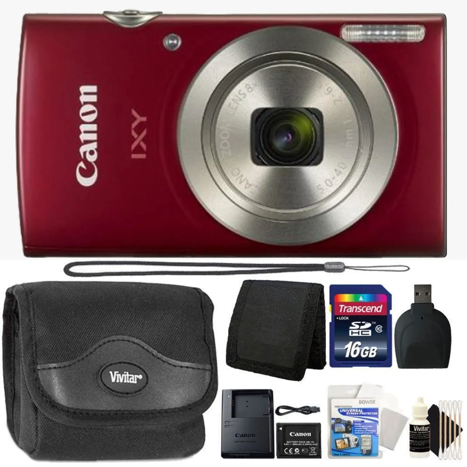 Canon PowerShot IXY 200 / Elph 180 Digital Camera Red   16GB Top Accesory Kit