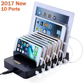 Charging Station, Roukos 10 Ports USB Dock with Build-in Patented Retractable Charging Cables for iPhone, Android Phone, Tablet, iPad, Kindle (2017 Version - Black)