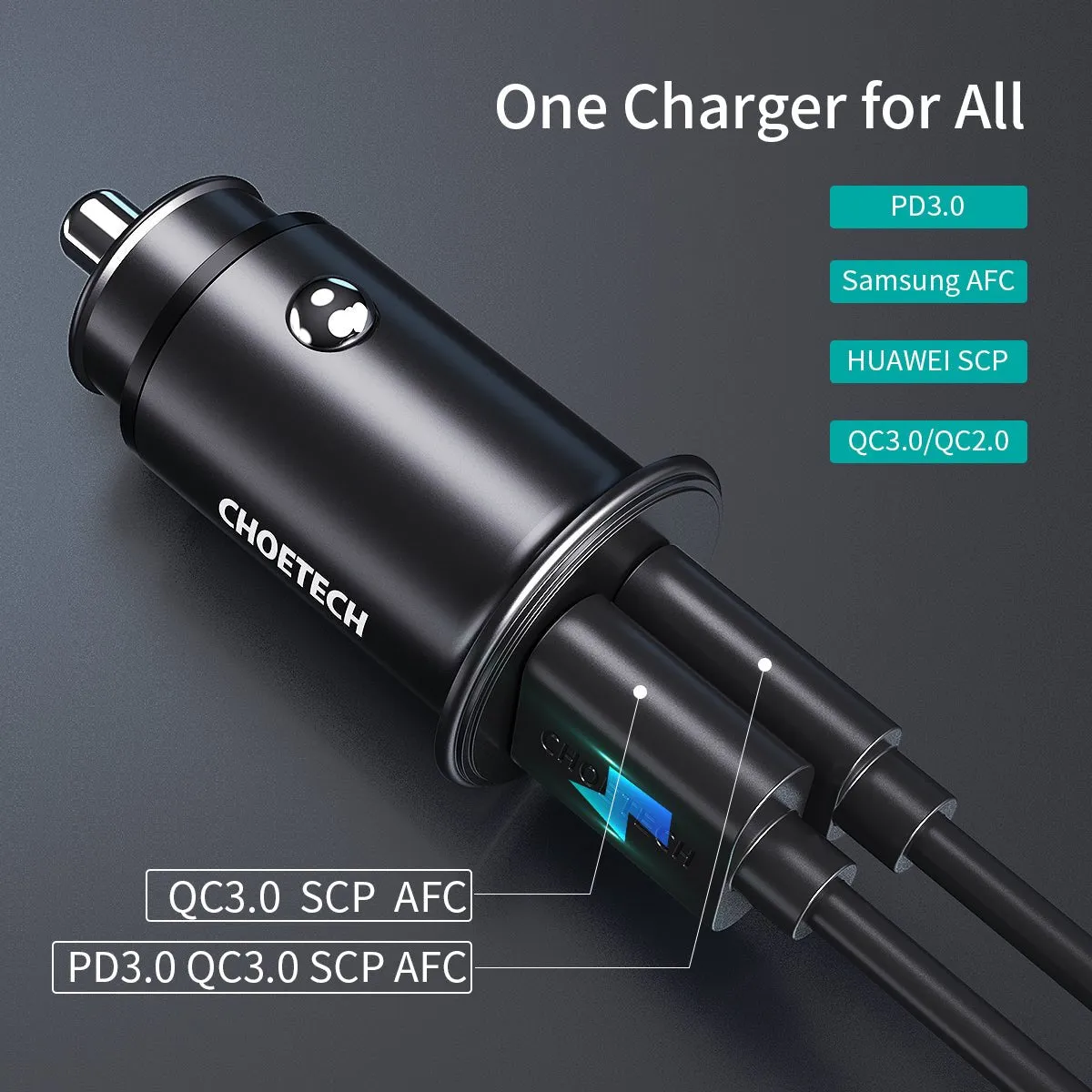 CHOETECH Dual Port 30W USB-C USB Car Charger Type-C Power Delivery Quick Charge