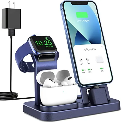 Code 50N7YGQR - 3 in 1 Charging Station for Apple Products, Removable Charging Stand for iPhone Series AirPods Pro/3/2/1, Charging Dock for Apple Watch SE/Ultra/8/7/6/5/4/3/2/1(with 15W Adapter and Cable)(Blue)