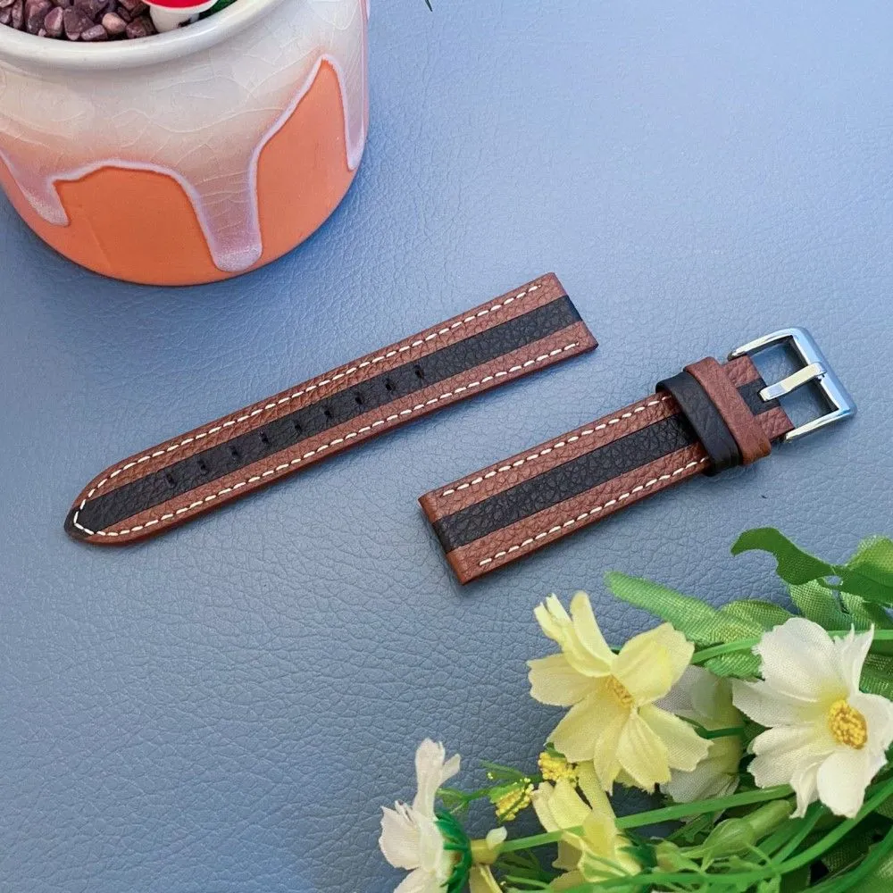 Color splicing cowhide leather watch strap for Ticwatch 2 / E / C2 - Brown / Black