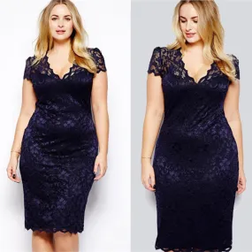 Elegant Plus Size Short Sleeve V-Neck Lace Dresses for Women