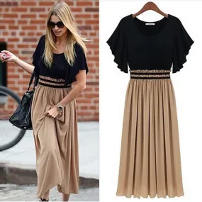 Fashion Women High Waist Ruffles Short Sleeve Chiffon Dress