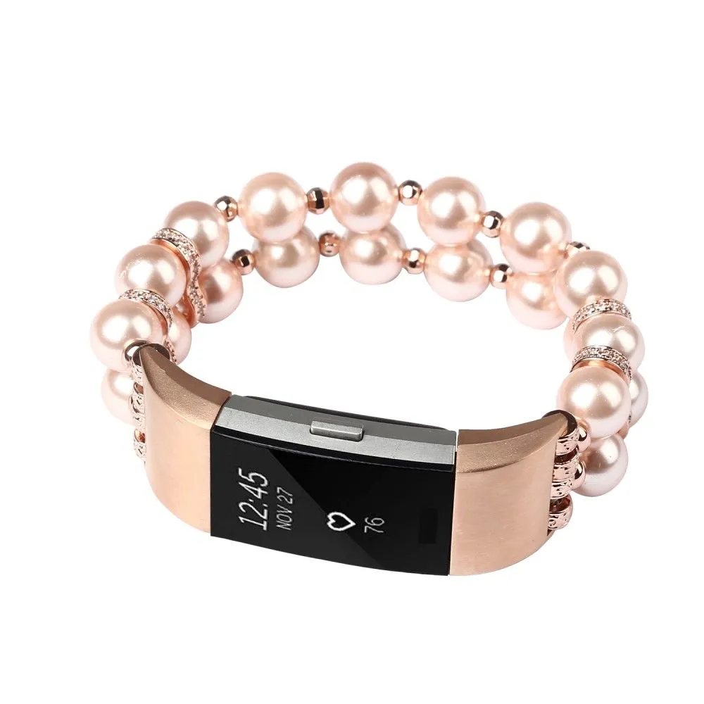 Fitbit Charge 4 / 3 two row pearls stylish watch strap - Rose Gold